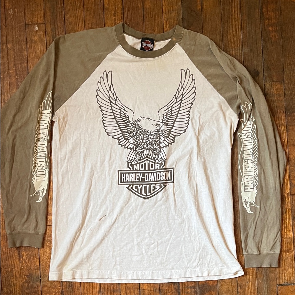 Harley-Davidson White and Brown Eagle Long Sleeve Shirt 2006 Oakland, CA Y2K